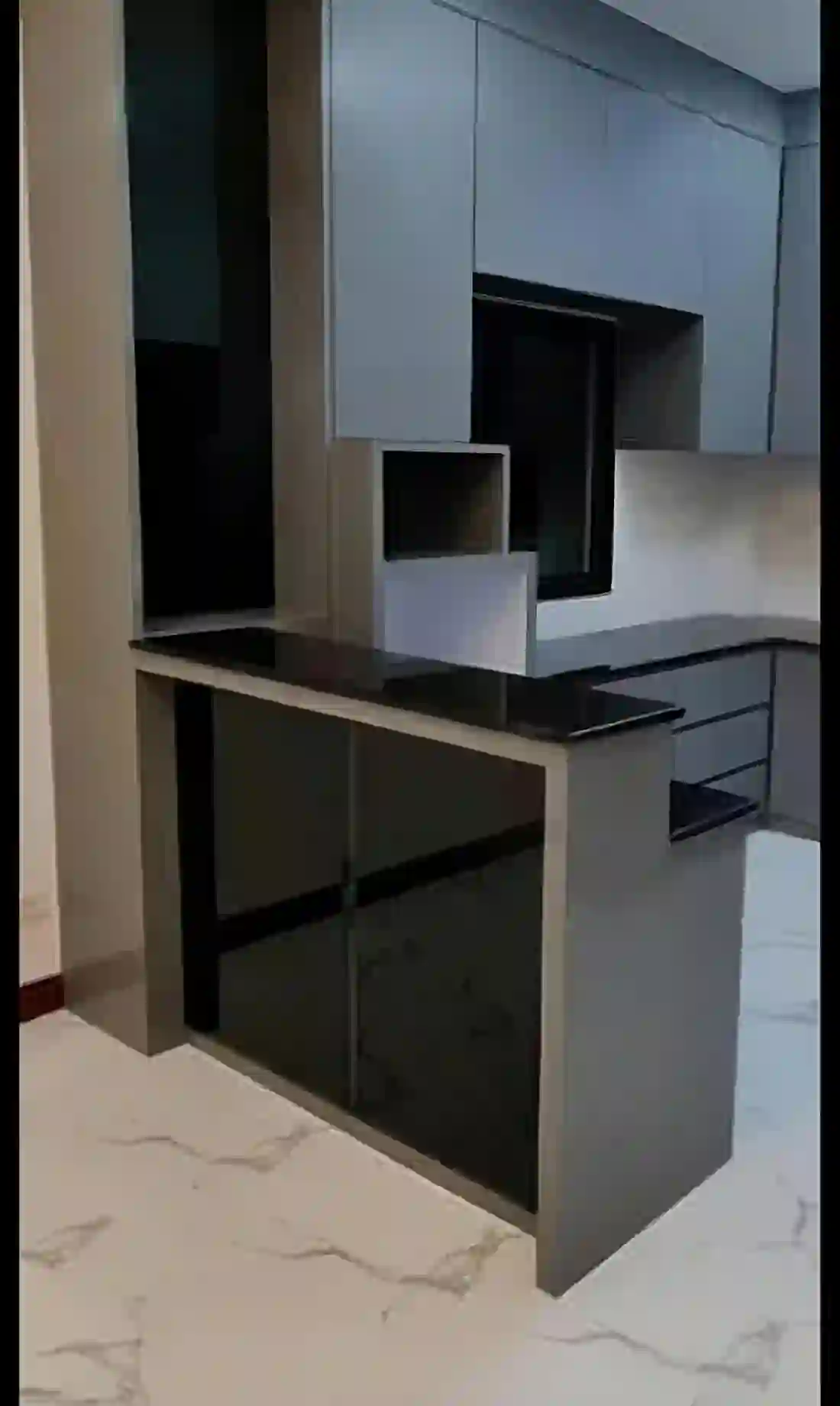 Tall storage unit with open display shelf