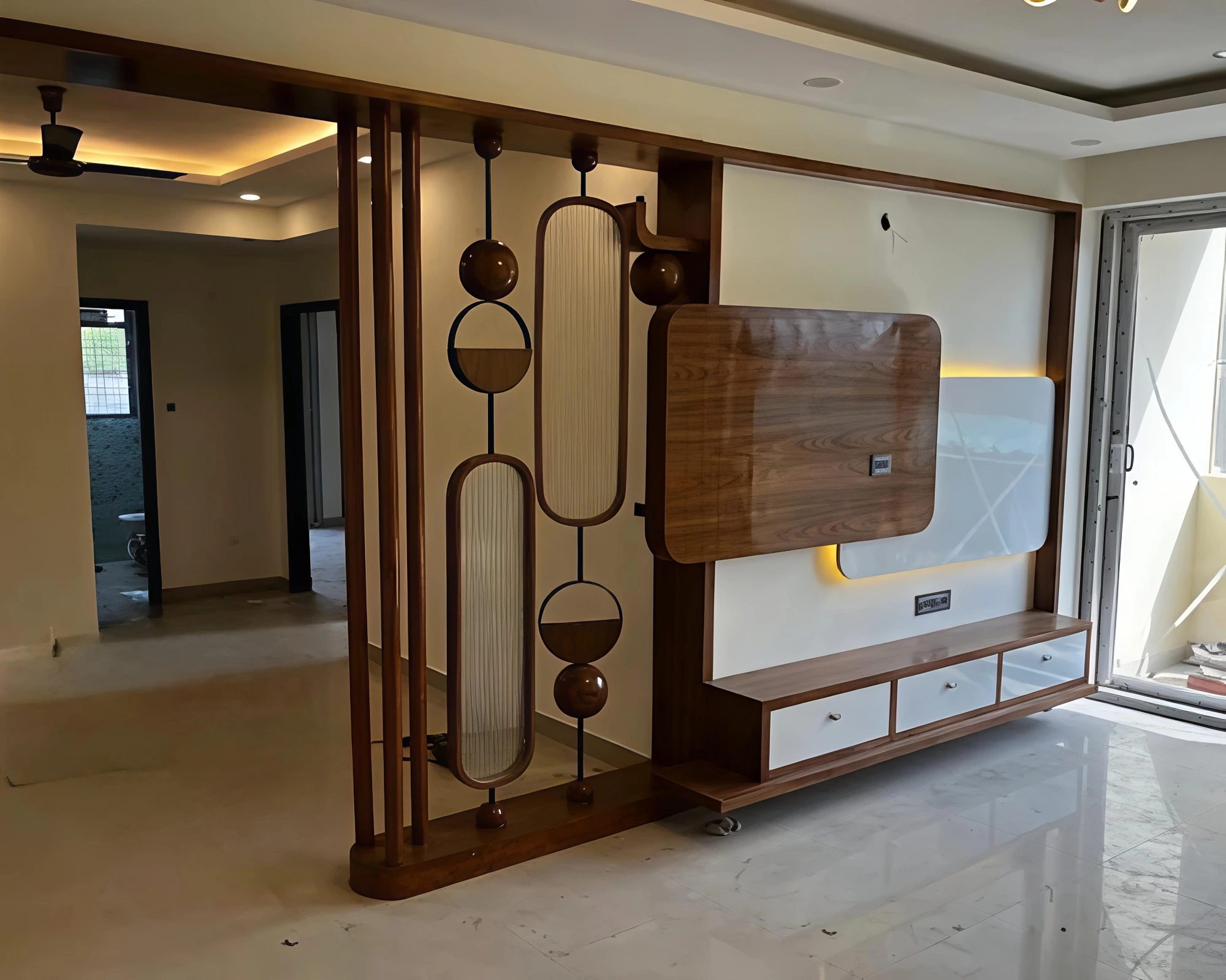 Walnut TV wall unit with designer partition by STAR AVG ENTERPRISE