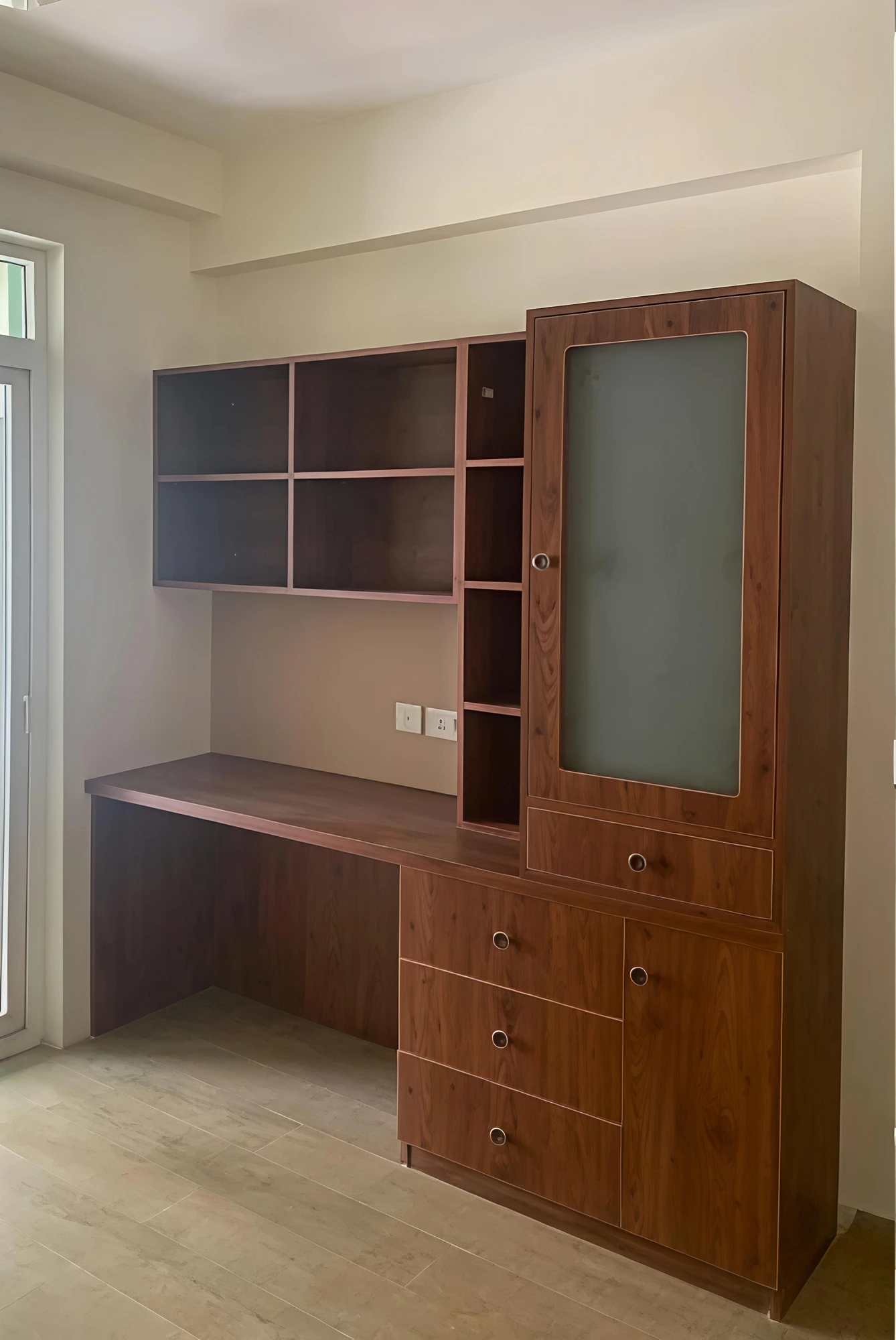Walnut study unit with bookshelf and storage